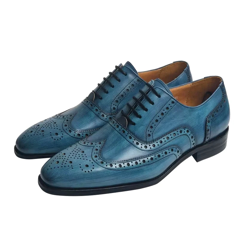 High Quality Arrival Lace up Brogue Shoe for Men Elegant Comfortable Genuine Leather Pointed Toe Blue Business Social Dress Shoe 0