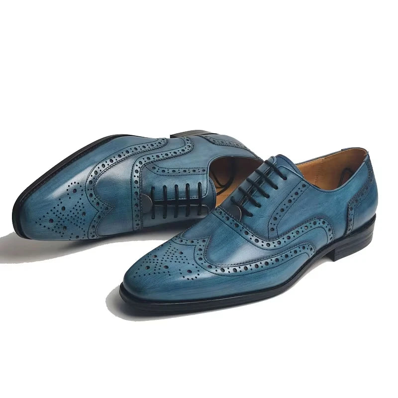 High Quality Arrival Lace up Brogue Shoe for Men Elegant Comfortable Genuine Leather Pointed Toe Blue Business Social Dress Shoe 1