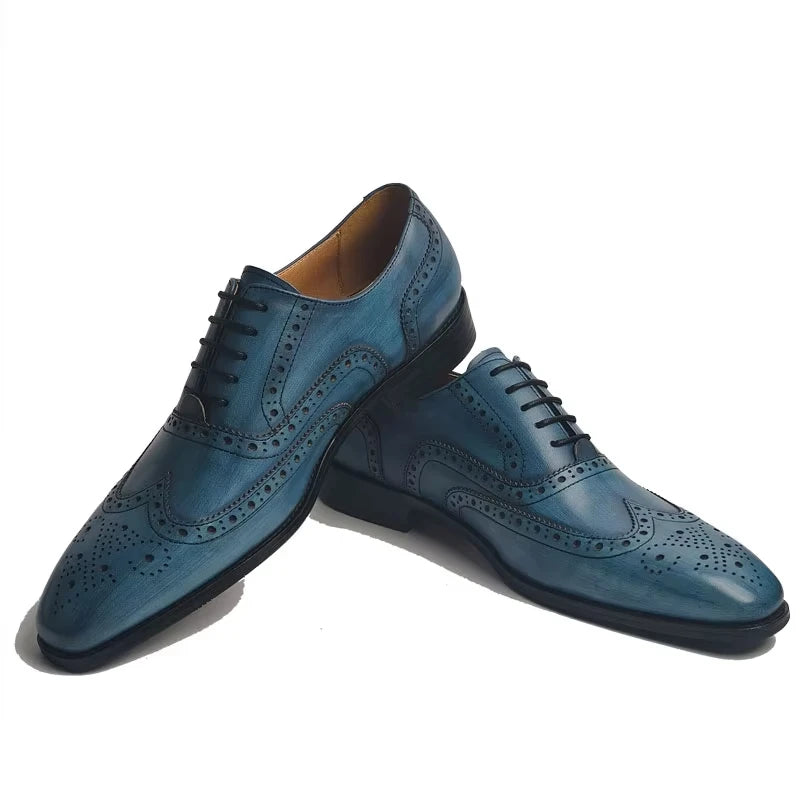 High Quality Arrival Lace up Brogue Shoe for Men Elegant Comfortable Genuine Leather Pointed Toe Blue Business Social Dress Shoe 2